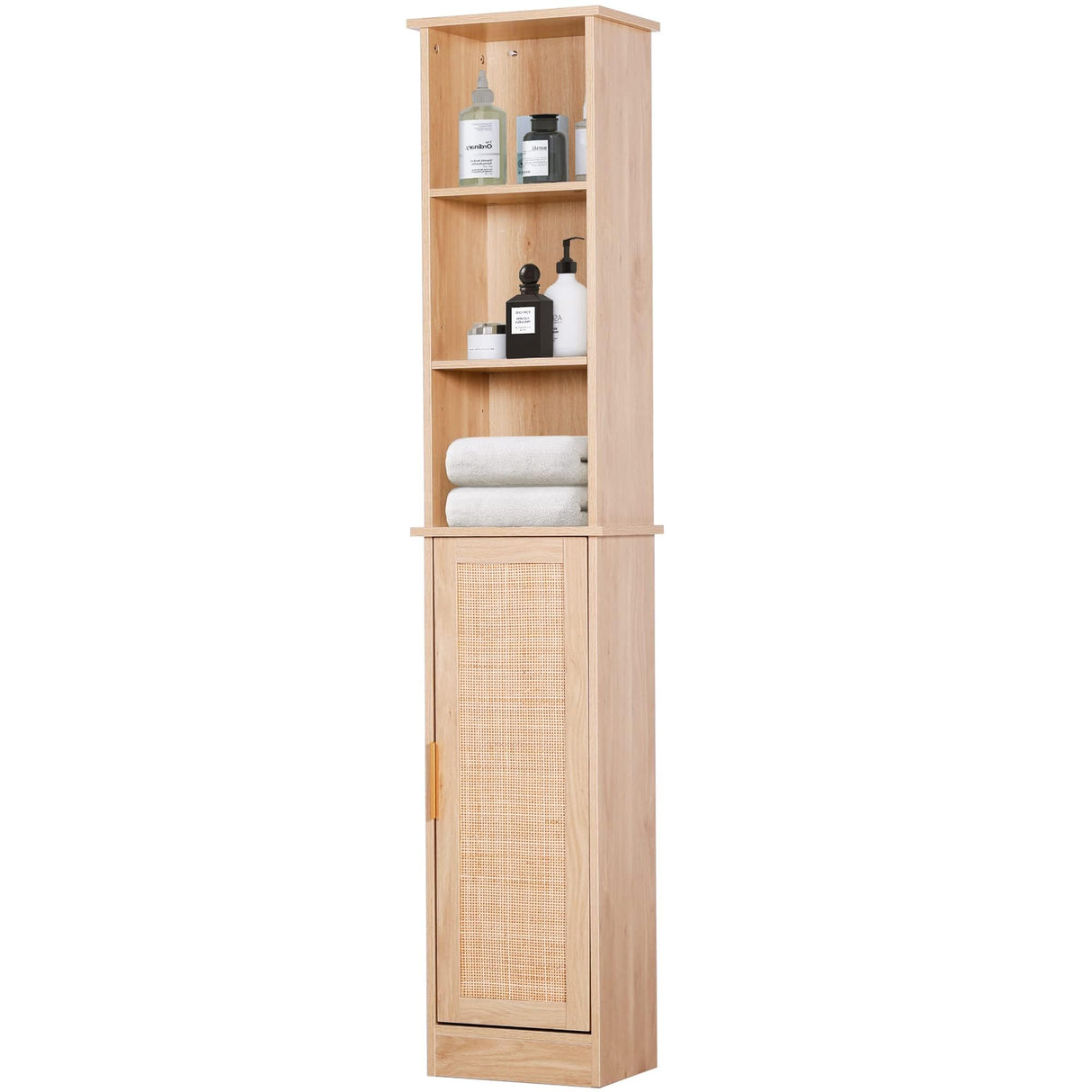 FUQARHY 65'' Tall Bathroom Storage Cabinet Organizer Wood Slim Floor Freestanding Cabinet Linen Tower with Door & 6 Shelves, w/Adjustable Shelves for Home, Bathroom, Kitchen (Natural) FUQARHY