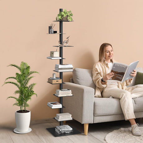 Nidouillet 9-Tier Metal Spine Bookshelf, Adjustable Vertical Tower for Books, Tall & Narrow Ladder Bookcase, Space-Saving Multipurpose Corner Storage Shelf, Display Stand, Tool-Free Assembly, Black Nidouillet