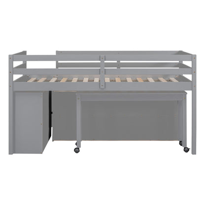 Kids Twin Low Loft Bed with Portable Desk and Storage Drawers in Gray by Harper & Bright Designs - WoodArtSupply