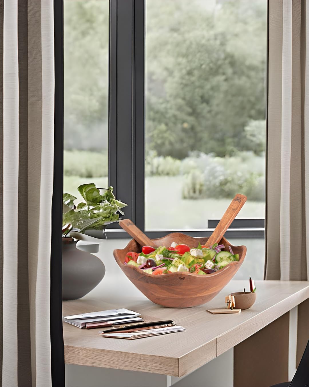 Melvvi Wooden Salad Bowl Set of 3 | 12" Large Acacia Wood Salad Serving Bowl with Servers | Big Pasta & Fruit Bowl | Mixing Bowls | Valentines day Gifts for Him & Her Melvvi