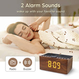 ANJANK Digital LED Alarm Clock FM Radio, Fast Wireless Charger Station for iPhone/Samsung Galaxy, 5 Level Dimmer, USB Charging Port, 2 Sounds, Sleep Timer for Bedroom, Bedside, Desk - Wood ANJANK