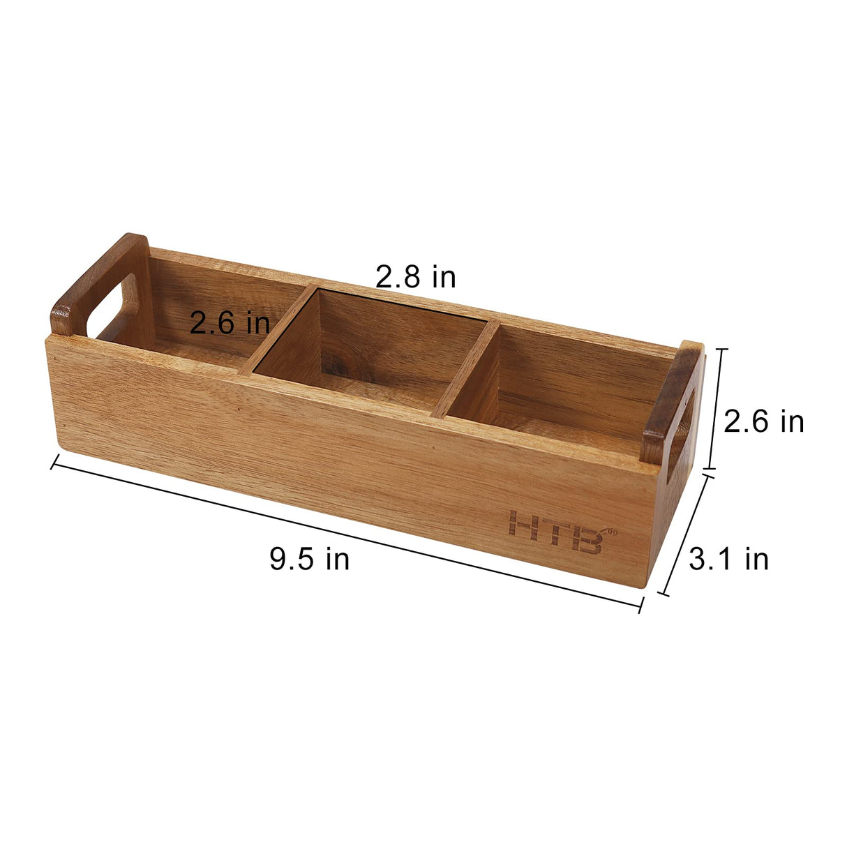 HTB Small Tea Bag Box Wooden, 3 Compartments Acacia Wood Tea Bag Chest with Handle, Mini Countertop Divided Storage Container for Beverage Supplies, Sugar, Sweeteners, Individual Packets HTB