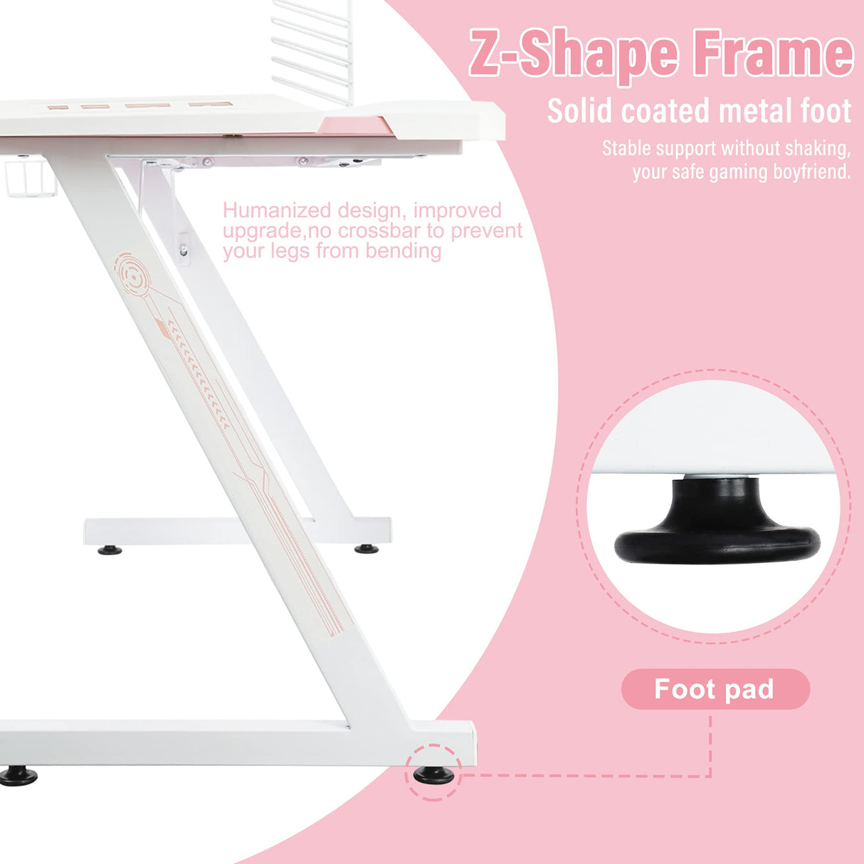 YOUTHUP Gaming Desk with LED Lights, 55 Inch Z Shaped Game Desk for PC Gamer, Ergonomic Racing Style Computer Table Workstation with Remote Control, Headphone Hook, Cup Holder, Handle Rack, Pink YOUTHUP