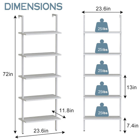 aboxoo Ladder Shelf White Wooden Bookshelf 5-Tier Wall-Mounted Open Wood Rack Industrial Modern Plant Flower Stand Utility Organizer Bookcase Metal Frame Furniture Office Kitchen Bedroom aboxoo
