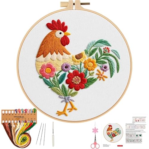 Herdiese Beginner Embroidery Kit for Adults – Rooster & Flower Pattern with Hoop, Cotton Threads, Needles, Scissors & Video Tutorials – Complete Craft Set for Beginners, Creative Gift Idea