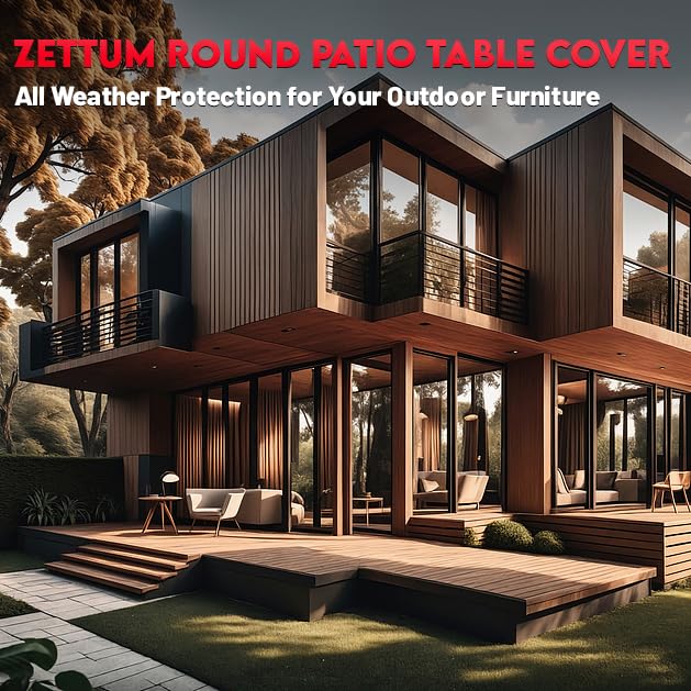 Zettum Round Patio Table Cover 84 Inch - 600D Outdoor Furniture Cover Round Waterproof & Heavy Duty, Lawn Furniture Set Covers Large for Outside Dining Table and Chairs Seating - 84 x 84 x 28 Inch Zettum