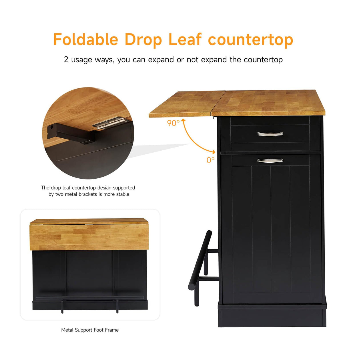 ONBRILL Stationary Kitchen Islands Include 2 Chairs, 47" Kitchen Island with Drop Leaf, Home Bar Table with Spice Rack & with Trash Cabinet, Island Table for Dining Room with Power Outlet, Black ONBRILL