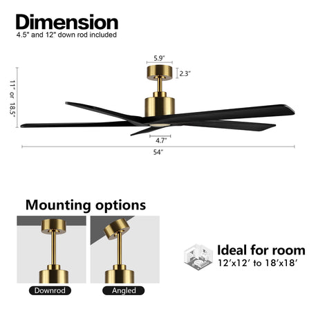 WINGBO 54 Inch DC Ceiling Fan without Lights, 5 Reversible Carved Solid Wood Blades, 6-Speed Noiseless DC Motor, Ceiling Fan No Light with Remote, Brass Finish with Black Blades, ETL Listed WINGBO