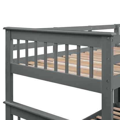 MERITLINE Twin Over Full Bunk Bed with Twin Size Trundle, Wooden Bunk Bed with Stairway, Storage and Guard Rail for Kids, Adults (Gray)