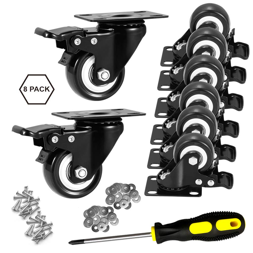 ASHGOOB 2" Caster Wheels Set of 8, Heavy Duty Casters with Brake, No Noise Locking Casters with Polyurethane (PU) Wheels, Swivel Plate Castors Pack of 8 ASHGOOB