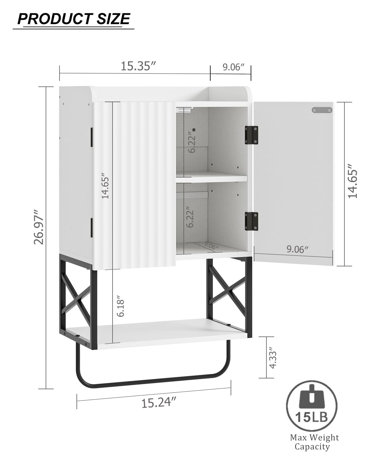 Masupu Fluted Bathroom Wall Cabinet, Small Hanging Bathroom Cabinet with Adjustable Shelf and Magnetic Latch Doors, Wood Wall Mounted Cabinets for Laundry, White Masupu