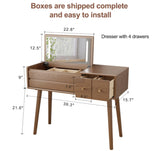 KungFuWood Makeup Vanity Desk with 3 Lighting Modes, Solid Wood Vanity Desk with Mirror Dressing Table Set 4 Drawers,Space-Saving Vanity for bedrooms(walunt) KungFuWood