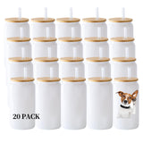 YOUKE OLA 20 Pack Sublimation Blank White Glass Cans Sublimation Beer Glass Cups with Bamboo Lids Borosilicate Glasses Tumbler Mason Jar Cups Mug with Glass Straw for Beer, Juice, Drinks 16oz White YOUKE OLA