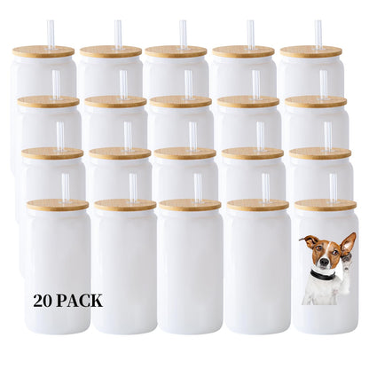 YOUKE OLA 20 Pack Sublimation Blank White Glass Cans Sublimation Beer Glass Cups with Bamboo Lids Borosilicate Glasses Tumbler Mason Jar Cups Mug with Glass Straw for Beer, Juice, Drinks 16oz White