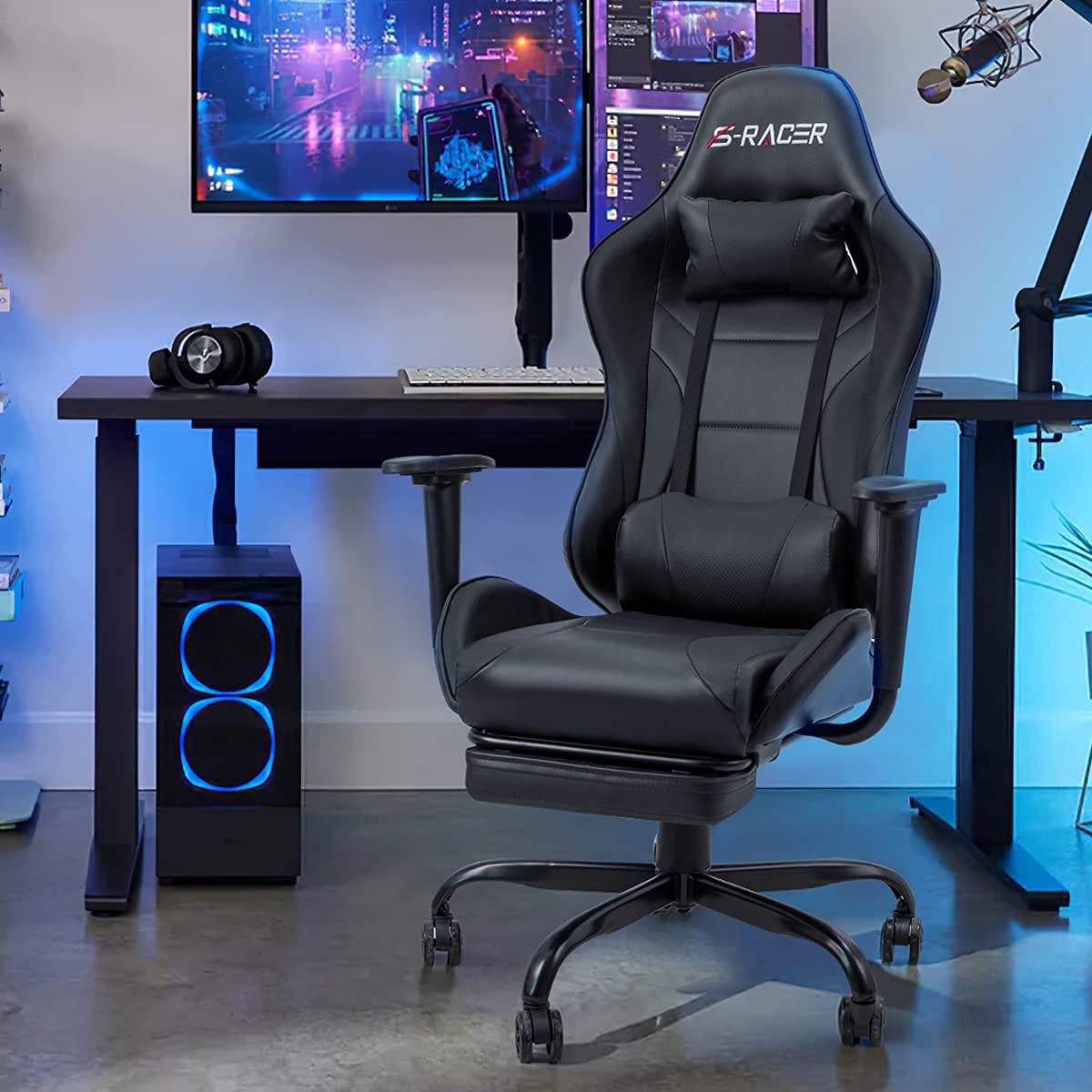 Homall Gaming Chair Massage Computer Office Chair Ergonomic Desk Chair with Footrest Racing Executive Swivel Chair Adjustable Rolling Task Chair (Black) Homall