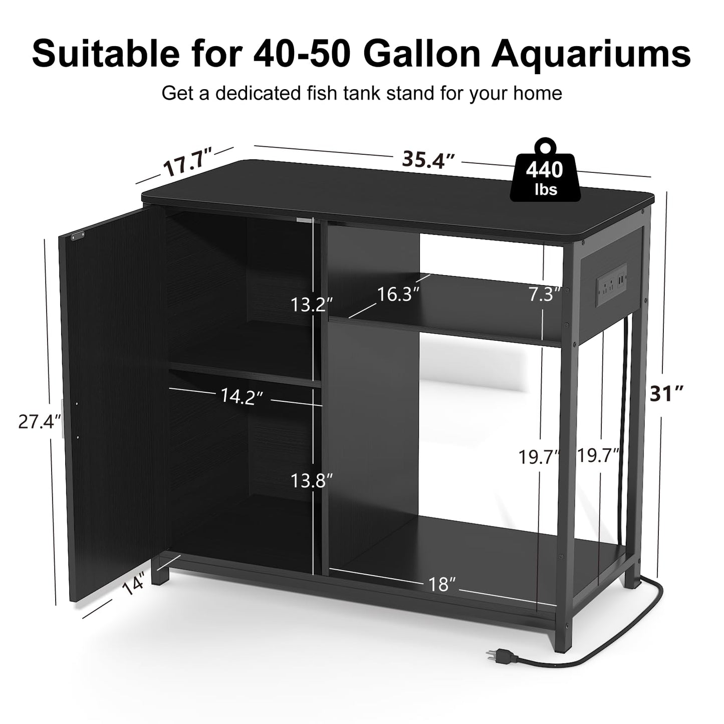 TRYKERPET 40-50 Gallon Fish Tank Stand, Aquarium Stand with Power Outlets and Wooden Cabinet Storage, Heavy Duty Metal Frame Fish Tank Suitable for Turtle Tank, Reptile Terrarium, 440LBS Capa - WoodArtSupply