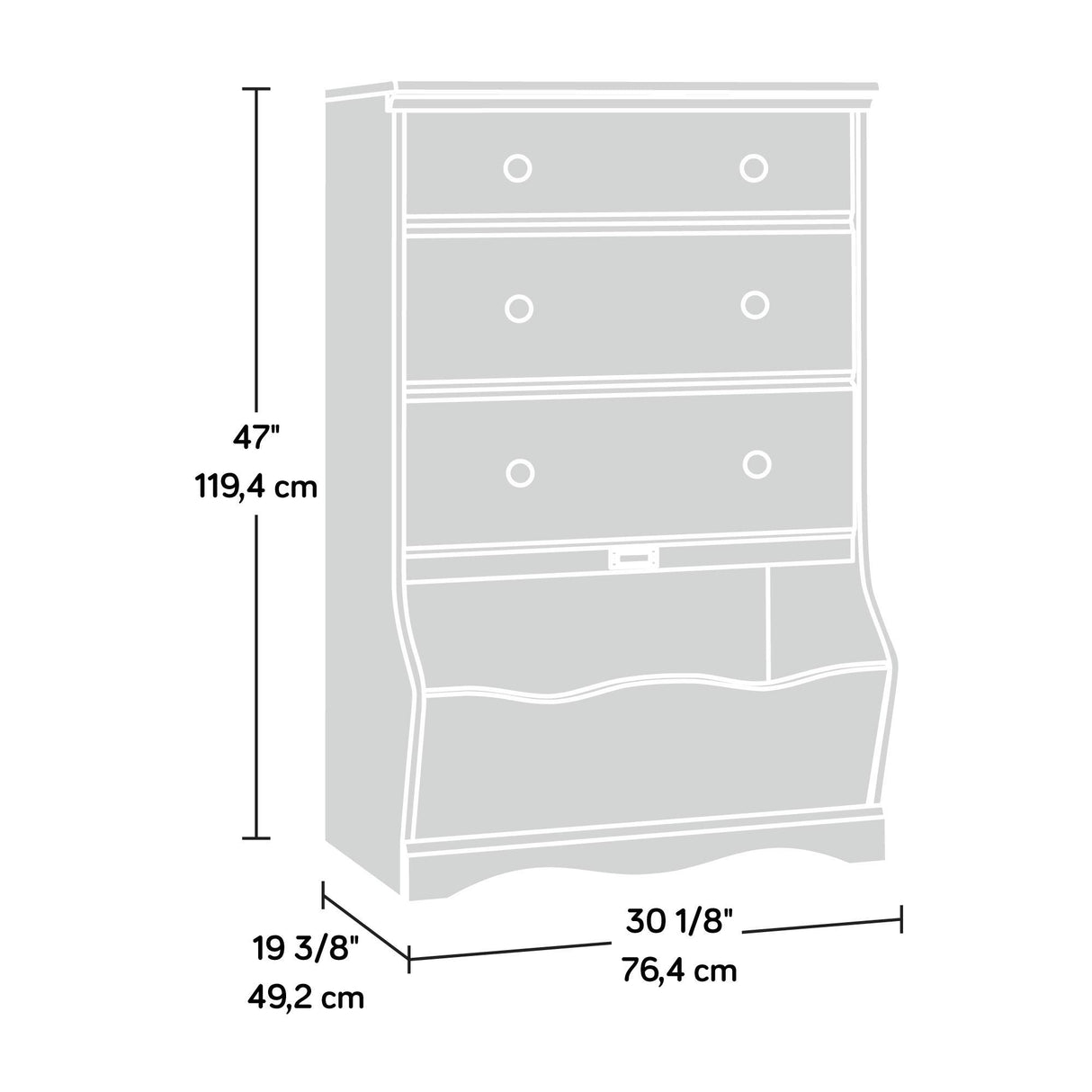 Sauder Pogo 3-Drawer Chest, L: 30.08" x W: 19.37" x H: 47.01", Soft White Sauder