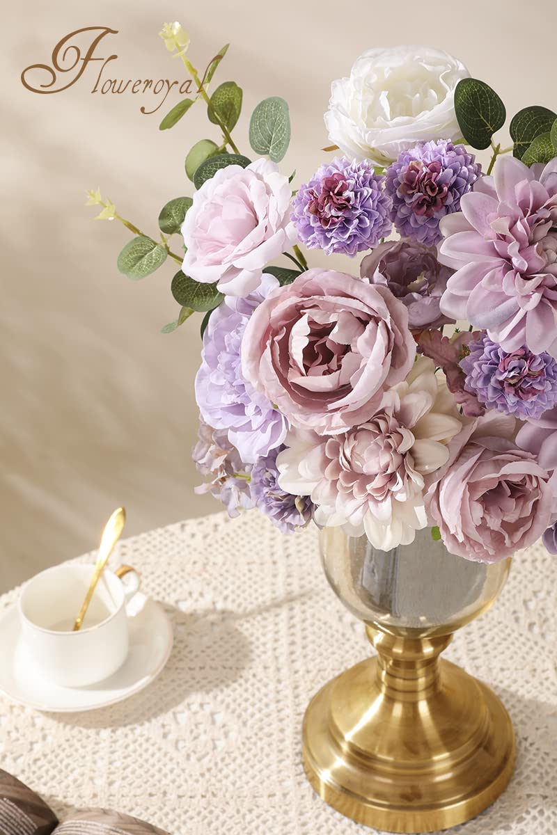 Floweroyal Artificial Flowers Combo Purple Flowers Mix Silk Flowers Dahlia Roses with Stems for DIY Wedding Bridal Bouquets, Baby Shower, Floral Arrangement, Table Centerpieces, Home Decorations. Floweroyal