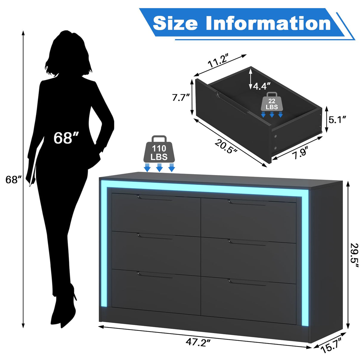 Melodyblue Dresser for Bedroom, 6 Drawer Dresser with LED Light, Black Dressers Chests of Drawers,Organizer Storage Drawers for Hallway, Entryway,Bedroom Melodyblue