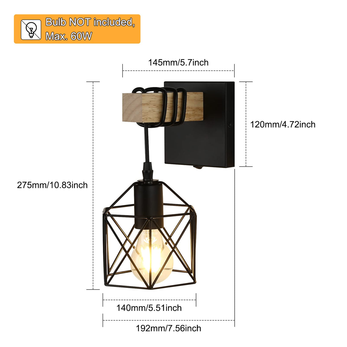 Black Wall Sconce with ON/Off Switch Pack of 2, Dimmable Cage Wall Mount Light Fixture Industrial Farmhouse Lighting, LG9939389 Lightess