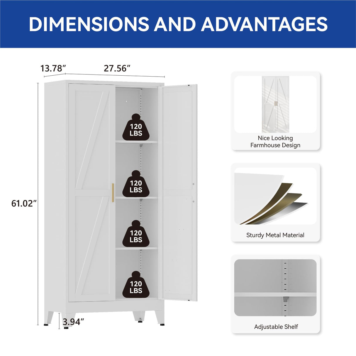 COFaR Metal Storage Cabinet, 61 in Tall Metal Cabinet with 3 Adjustable Shelves and Barn Doors, Farmhouse Cupboard Storage for Kitchen Pantry Garage Laundry, 4-Tier White COFaR