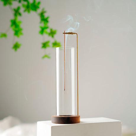 Incense Holder for Sticks, Anti-Ash Flying Incense Burner with 30 Incense Sticks, Detachable Glass Ash Catcher (Wood, Brown) GARMOLY