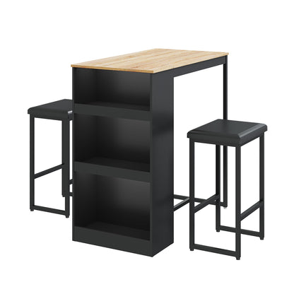 Gyger 3-Piece Black Dining Set with Storage Shelves – Compact Kitchen Bar Table and Stools for Small Spaces - WoodArtSupply