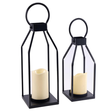 PHOSPHOR Modern Farmhouse Decor Lanterrn Set of 2 Black Metal Candle Holder for Indoor Outdoor Lanterns with Candles for Living Room Fireplace Dining Table Centerpieces Home Kitchen Decor PHOSPHOR