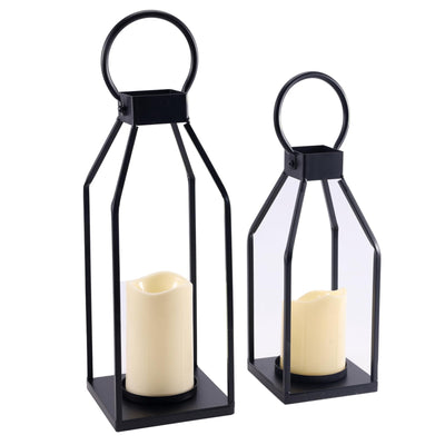 PHOSPHOR Modern Farmhouse Decor Lanterrn Set of 2 Black Metal Candle Holder for Indoor Outdoor Lanterns with Candles for Living Room Fireplace Dining Table Centerpieces Home Kitchen Decor