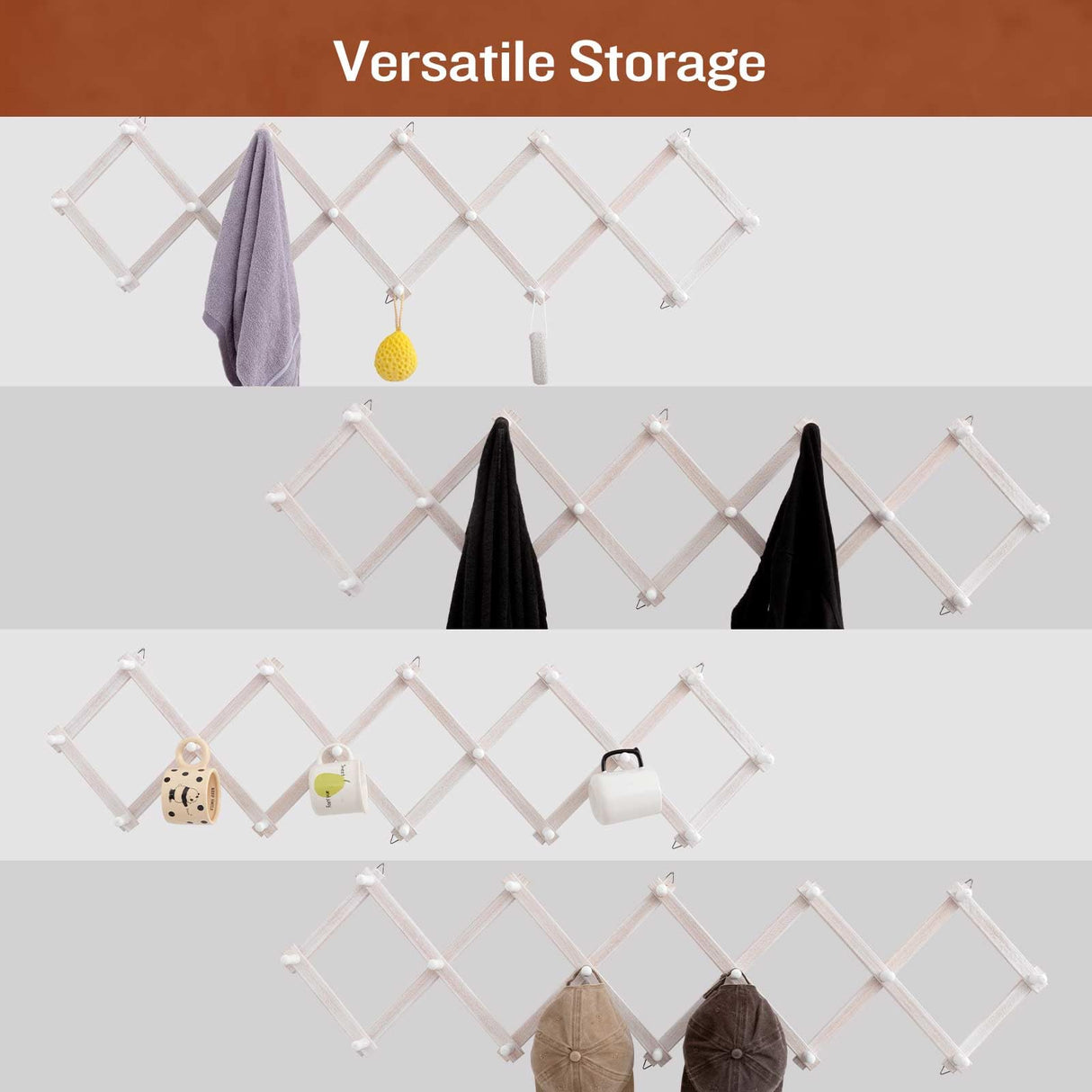 SCUNDA Rustic Wall Mounted Coat Rack with Space Saving Accordion Design, Expandable Wall Mount Coat Rack with 16 Wood Hooks, Modern Farmhouse Wall Décor for Living Room, Entryway(Shabby White) SCUNDA