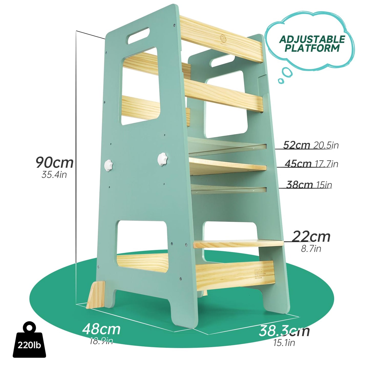 WOOD CITY Kitchen Step Stool - Safe Montessori Standing Tower for Kids with Safety Rail, Height Adjustable Toddler Ideal Helper for Learning New Skills, Anti-Slip Protection for Bathroom - Green…