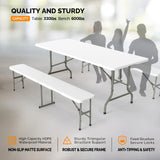 VINGLI Picnic Table Set with 2 Benches, 6 Feet Camping Table Chair Set,3-Piece Folding Furniture for Indoor or Outdoor Use, Smooth Tabletop, White VINGLI