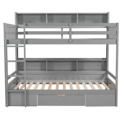 Harper & Bright Designs Twin Over Twin Bunk Bed with Storage Drawer, Solid Wood Bunk Bed with Built-in Shelves Beside Both Upper and Down Bed, for Kids Teens Adults (Gray)