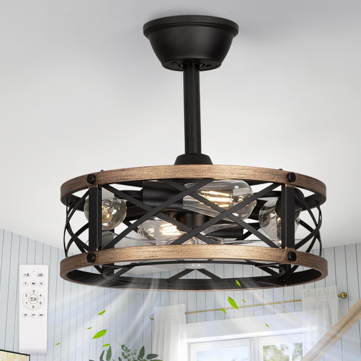 SabvioZh 16.5" Farmhouse Caged Fandelier Ceiling Fan with Light, Rustic Bladeless Small Ceiling Fans with Lights and Remote, Modern Enclosed Ceiling Fan with Light for Kitchen, Bedroom, Small Room SabvioZh