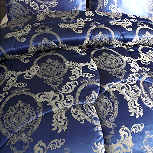 Raytrue-X Comforter Set Satin Silk Blanket All Season Bed Luxury Royal Blue Jacquard Quilt Bedding Sets Matching 2 Pillow Shams (Full/Queen, 88x88 inches, 3 Pieces) Raytrue-X