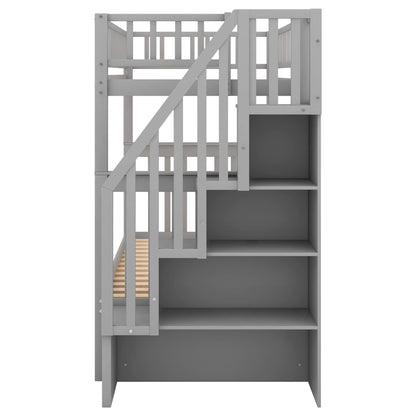 N NAANSI Grey Twin-Over-Twin Bunk Bed with Trundle and Storage Staircase - WoodArtSupply