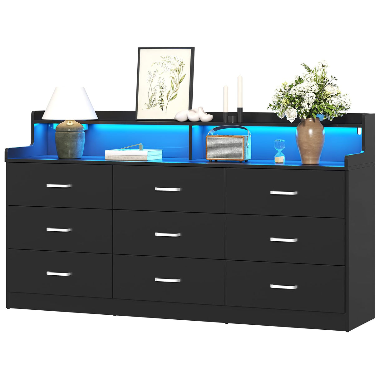 Bigbiglife 9 Drawer Dresser with Built in Power Outlet and LED Light, Modern Chest of Drawers for Bedroom, Triple Wide Drawer Organizer Cabinet for Living Room, Entryway, Hallway, Black Bigbiglife