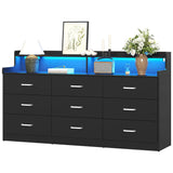Bigbiglife 9 Drawer Dresser with Built in Power Outlet and LED Light, Modern Chest of Drawers for Bedroom, Triple Wide Drawer Organizer Cabinet for Living Room, Entryway, Hallway, Black Bigbiglife