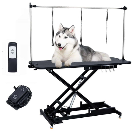 50" Electric Dog Grooming Table, Remote Adjustable Pet Grooming Table for All Pets With Anti-Skid Tabletop,Tool Organizer and Grooming Arms, Replacement Hand Control, Black PioneerWorks