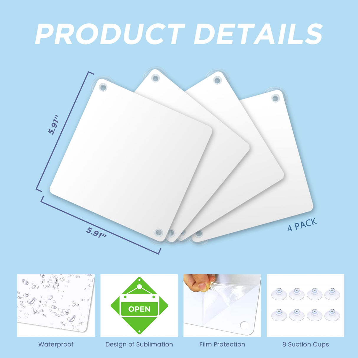 Metal Sublimation Signs, 4 Pack 6" x 6" Sublimation Blanks Suction Cup Car Window Sign, Custom Metal Signs for Hanging SMASMILE