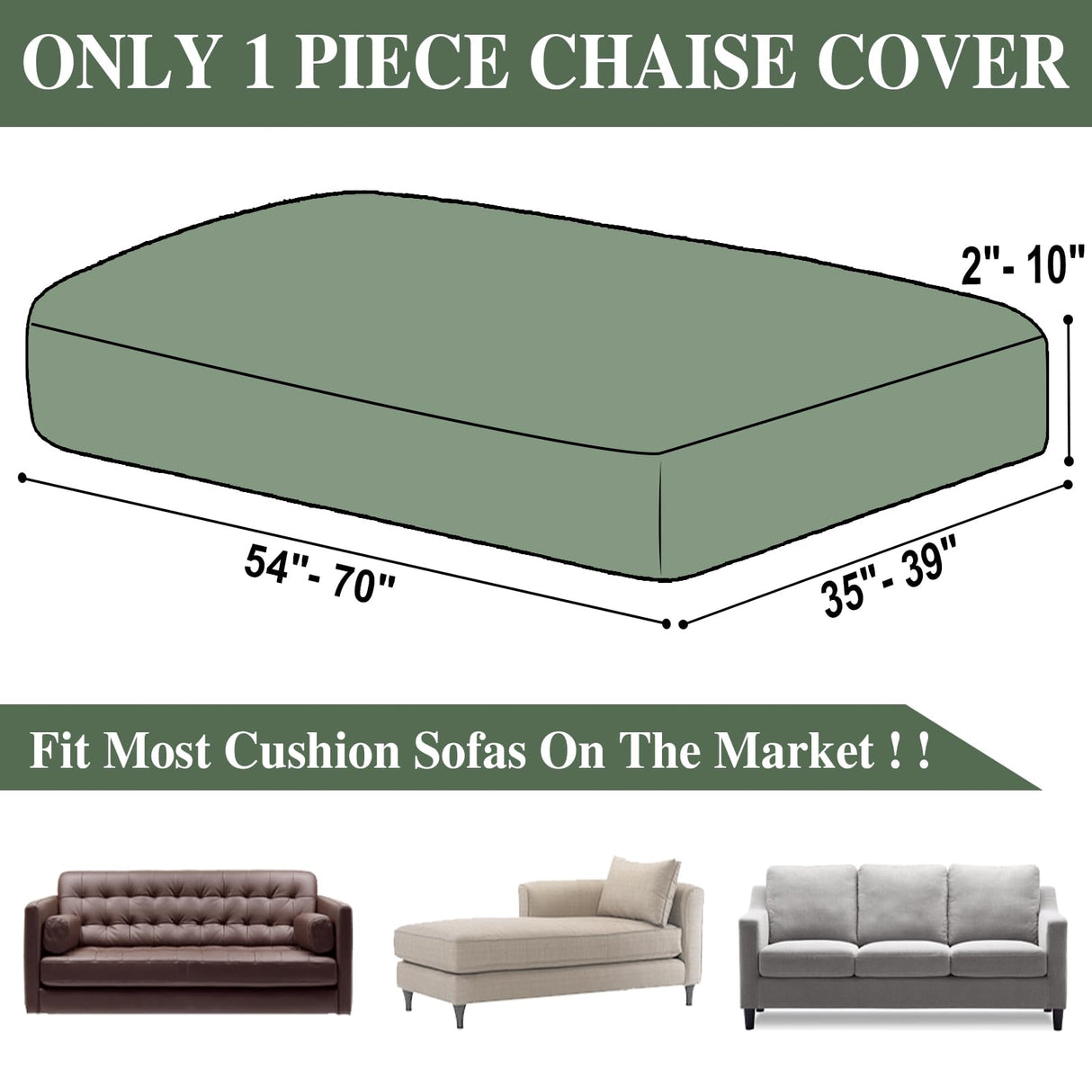 LA MEACK Couch Cushion Cover Chaise Lounge Cover Washable Separate Seat Chaise Couch Cover Stretch Sectional Sofa Slipcover(1 Piece for Chaise or Sofa 3-Seater, Green) LA MEACK