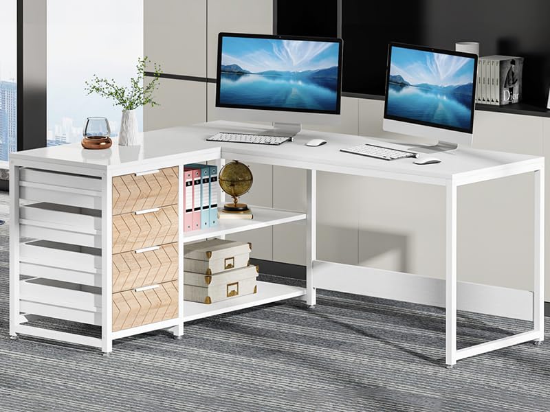 Tribesigns L Shaped Computer Desk with Storage Drawers, 59 inch Corner Desk with Shelves, Reversible L-Shaped Office Desk Study Writing Table Workstation for Home Office, White Tribesigns