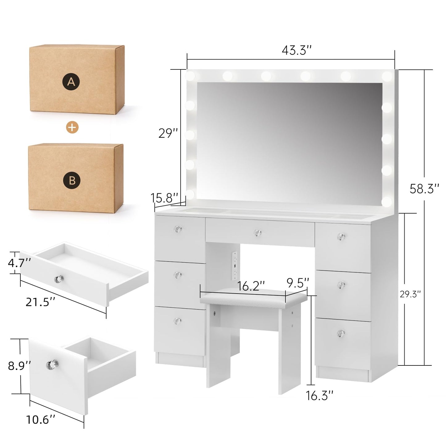 VOWNER Vanity with Lighted Mirror - Makeup Vanity Desk with Glass Top, 7 Drawers and Power Outlet, 3 Color Lighting Modes Adjustable Brightness, 44" Vanity Table with Stool for Women Girls, White