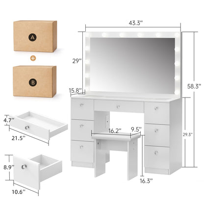 VOWNER Vanity with Lighted Mirror - Makeup Vanity Desk with Glass Top, 7 Drawers and Power Outlet, 3 Color Lighting Modes Adjustable Brightness, 44" Vanity Table with Stool for Women Girls, White