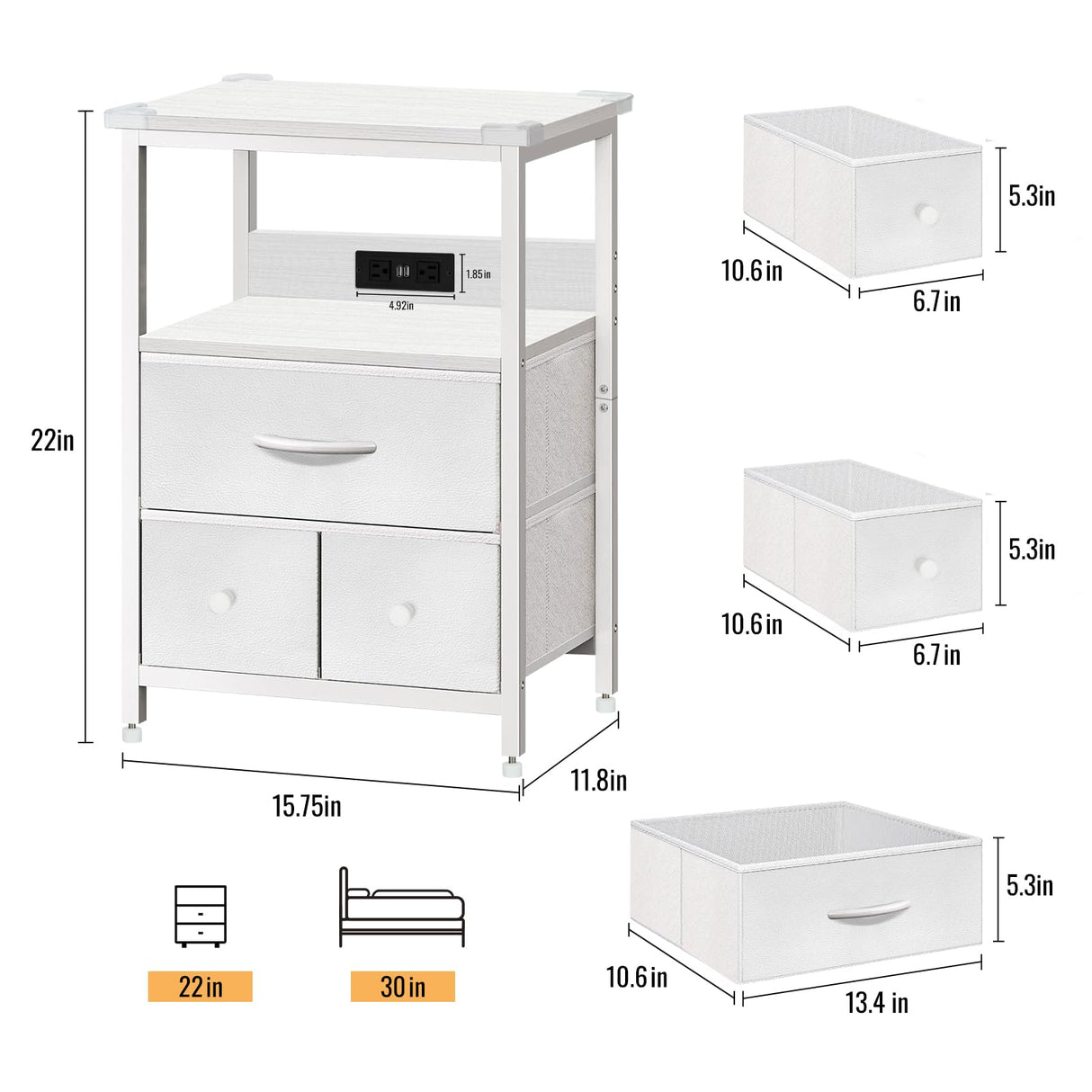 BEHEY Night Stand, Bedside Table, Adjustable Leveling Dorm Nightstand with 3 Drawers Storage, End Table with Corner Protectors, Nightstand with Charging Station, 3-Tiers，White, 15.75 Inch BEHEY