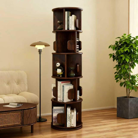 Solid Wood Rotating Bookshelf on Wheels, 5 Tier, Round Revolving Bookcase, 360° Spinning Book Shelf Tower for Kids,Narrow Storage Organizer for Bedroom, Living Room, WoodArtSupply