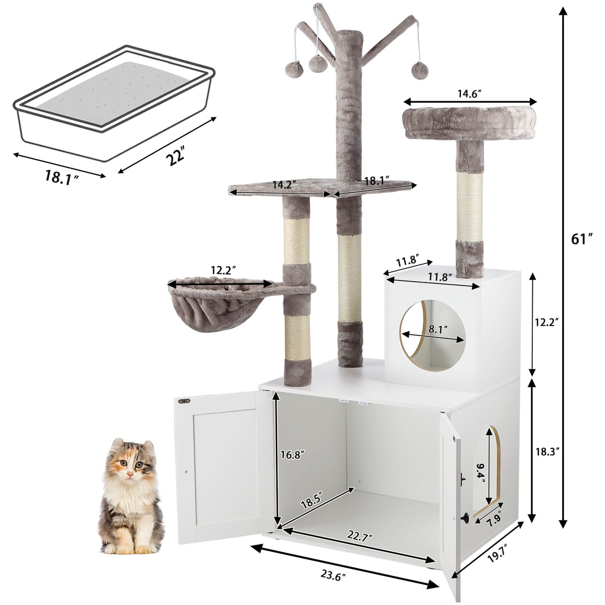 Timberer Litter Box Enclosure with Cat Tree, 2-in-1 Hidden Litter Box Furniture with Scratching Post, Modern Cat Condo, White Timberer