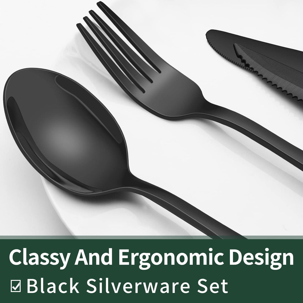 24-Piece Black Silverware Set with Steak Knives, Black Flatware Set for 4, Food-Grade Stainless Steel Tableware Cutlery Set, Mirror Finished Utensil Sets for Home Restaurant EWFEN