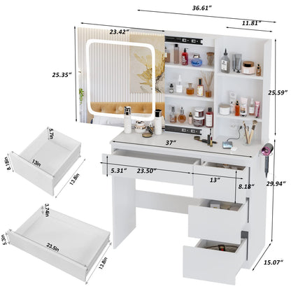 Vabches White Vanity Desk with Mirror and Lights, Makeup Vanity with Lights 4 Drawers, Vanity Table with Power Outlet & Sliding Door, 3 Lighting Colors, 37inch - WoodArtSupply