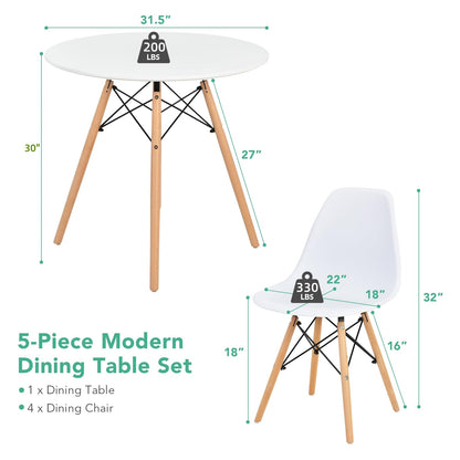 Giantex 5-Piece Dining Table Set, Modern Round 31.5" D Dining Table & 4 DSW Chairs W/Solid Wood Legs, Home Furniture Set for Small Spaces Dining Room Kitchen Restaurant, White - WoodArtSupply